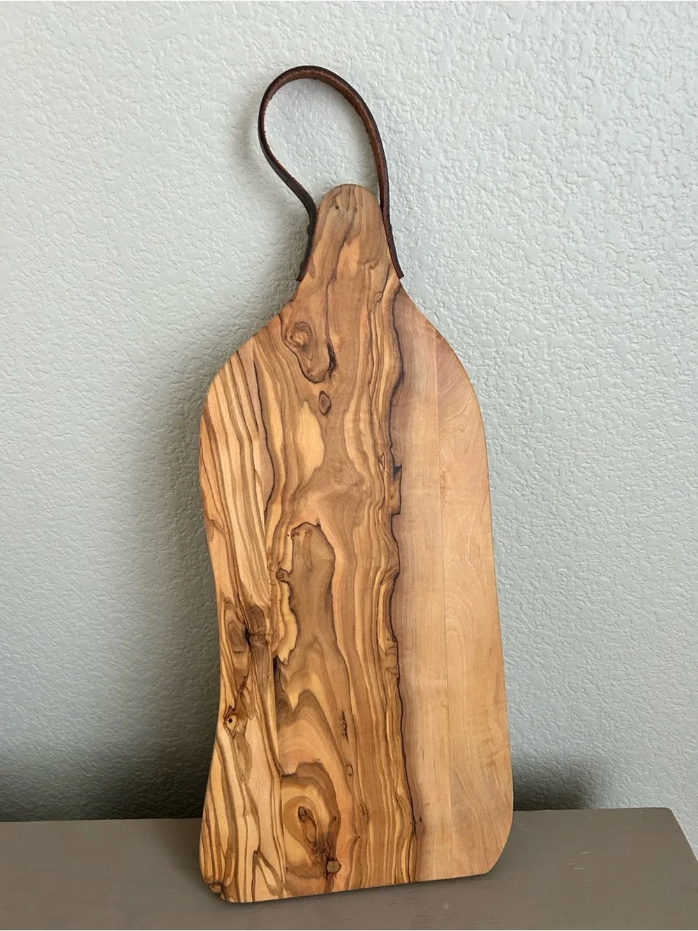 Crate&Barrel Olive Wood Serving Board with Brown Leather Loop